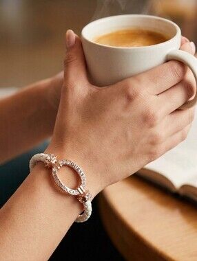 GUESS Los Angeles Rose Gold White Braided Magnetic Bracelet 7"